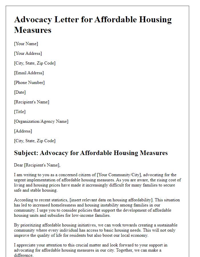 Letter template of advocacy for affordable housing measures