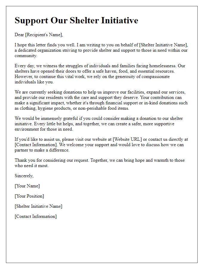 Letter template of appeal for donations to a shelter initiative