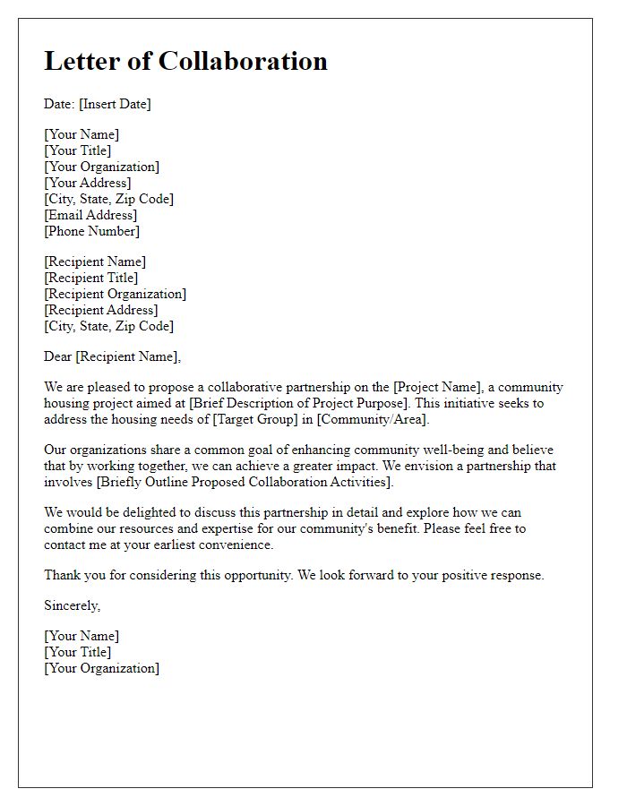 Letter template of collaboration for a community housing project