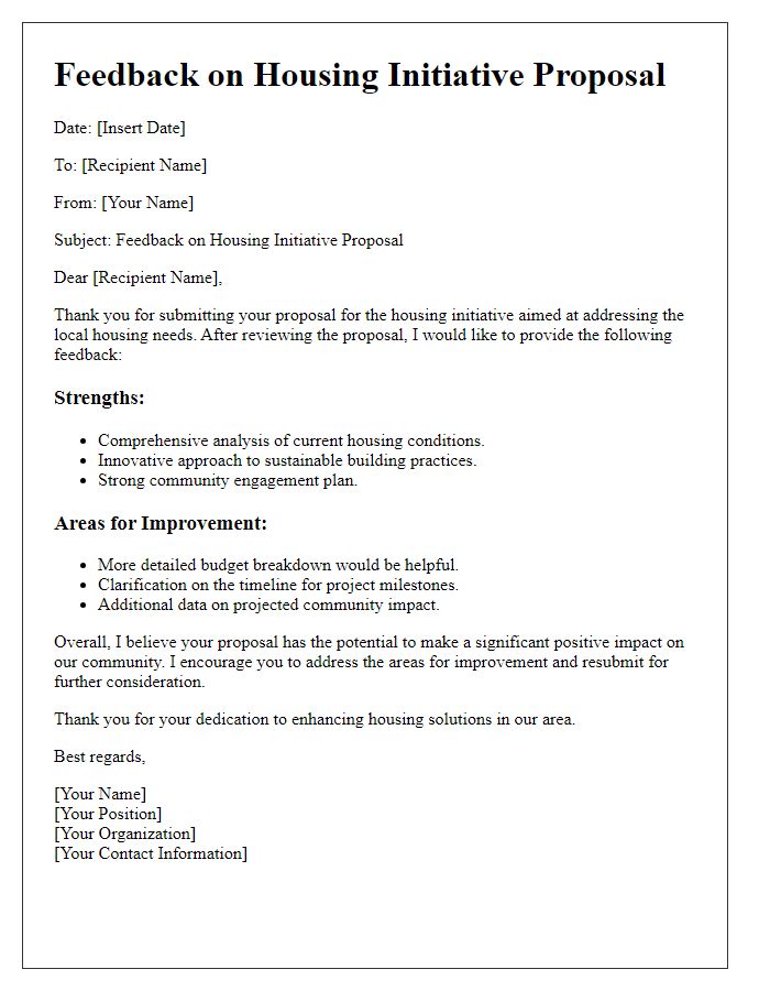 Letter template of feedback for a housing initiative proposal