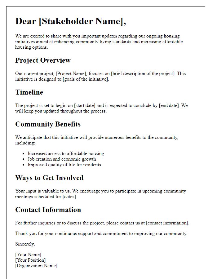 Letter template of information for stakeholders in housing initiatives