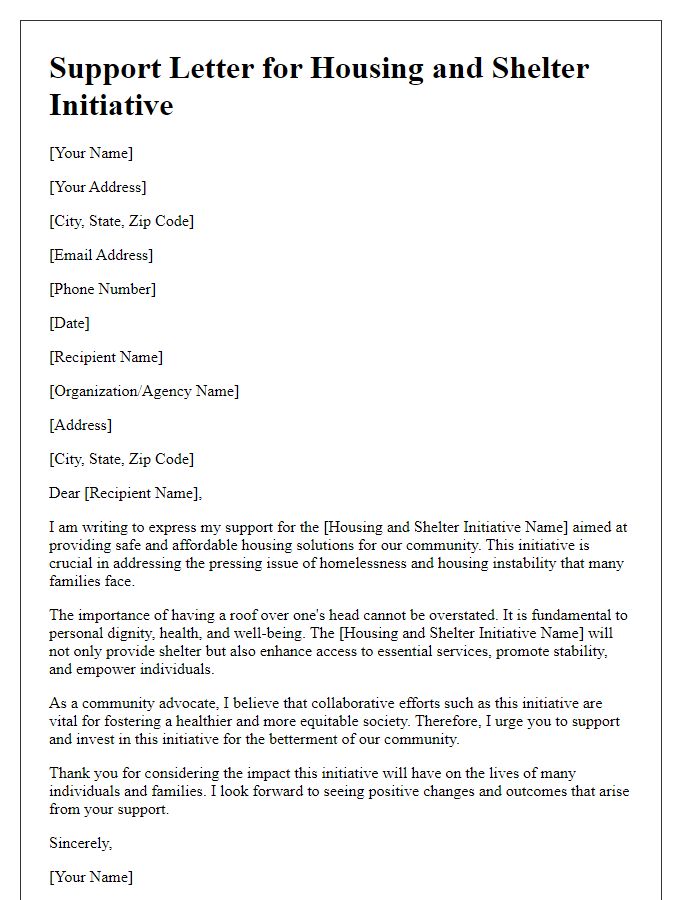 Letter template of support for a housing and shelter initiative