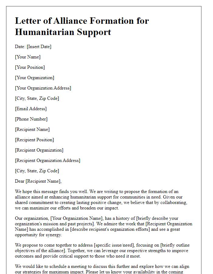 Letter template of alliance formation for humanitarian support