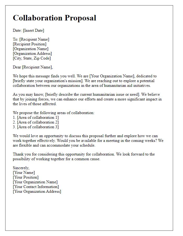 Letter template of collaboration proposal for humanitarian aid initiatives