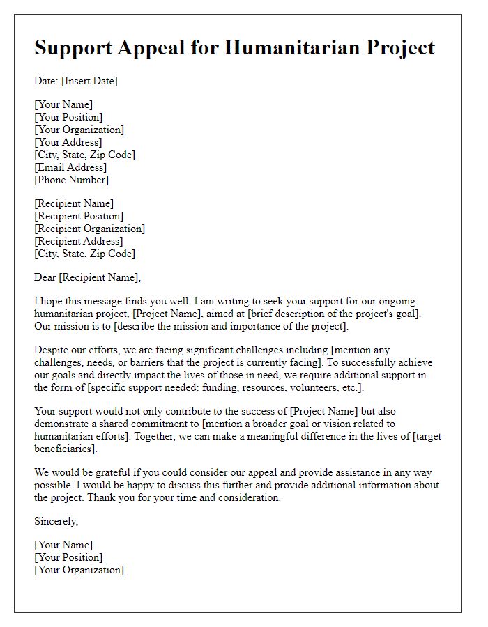 Letter template of support appeal for humanitarian projects