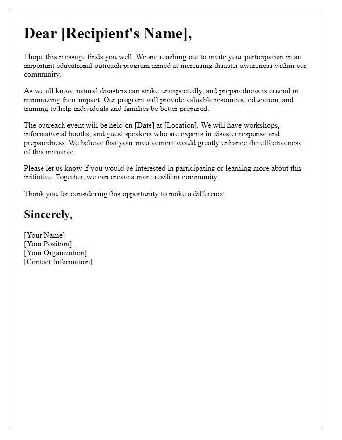 Letter template of educational outreach for disaster awareness