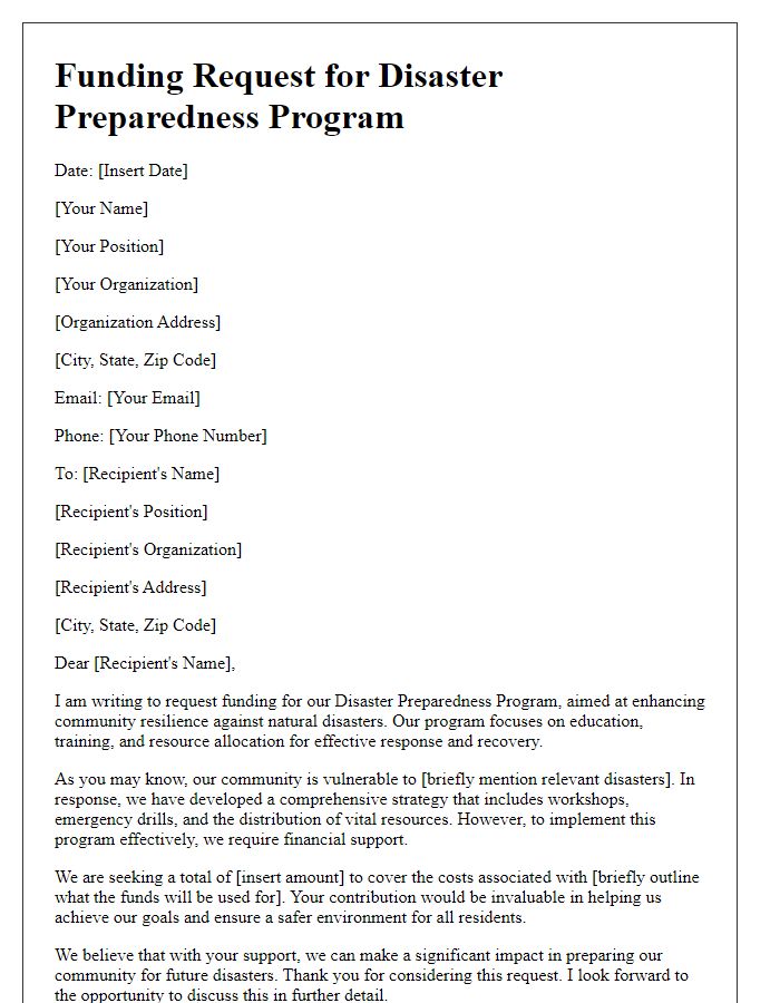 Letter template of funding request for disaster preparedness program