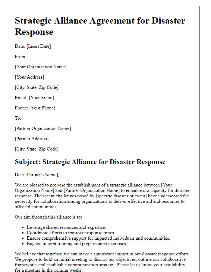 Letter template of strategic alliance for disaster response