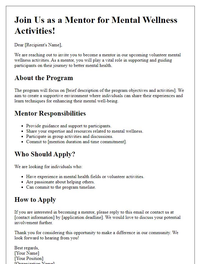 Letter template of call for mentors in volunteer mental wellness activities.