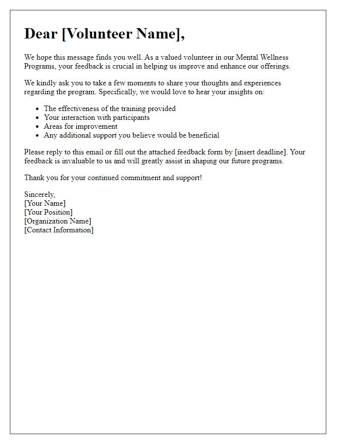 Letter template of feedback request on volunteer mental wellness programs.