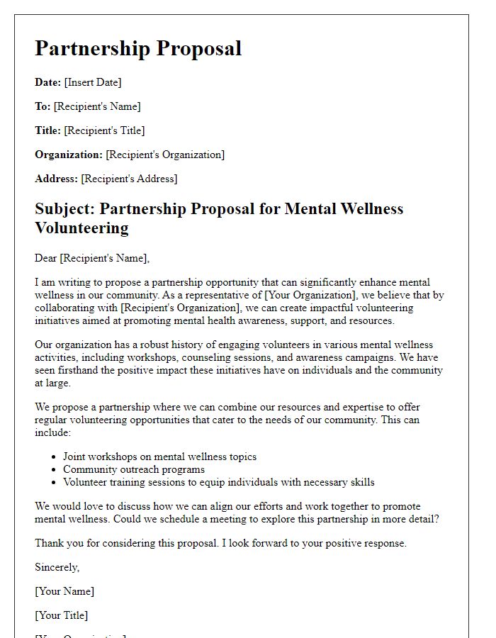 Letter template of partnership proposal for mental wellness volunteering.