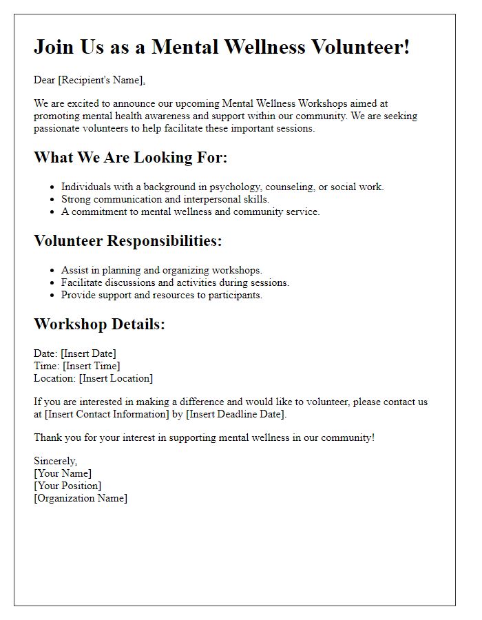 Letter template of recruitment for mental wellness volunteer workshops.