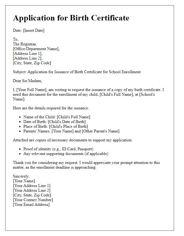 Letter template of application for birth certificate for school enrollment