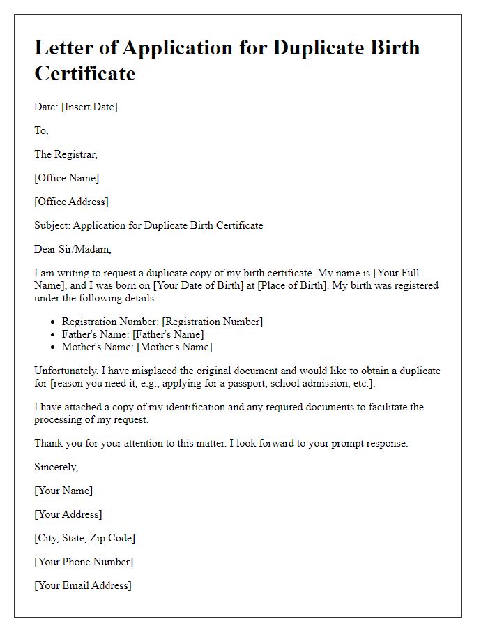 Letter template of application for duplicate birth certificate