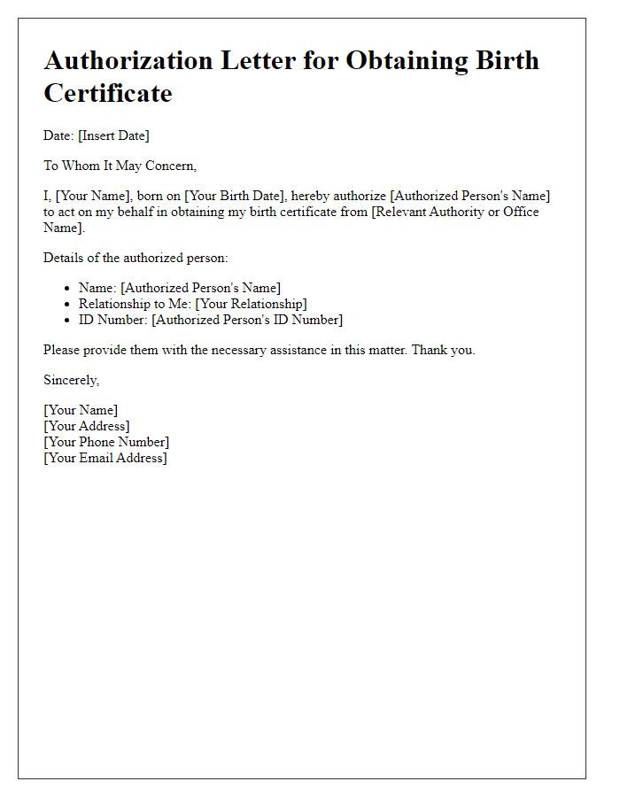 Letter template of authorization for obtaining birth certificate