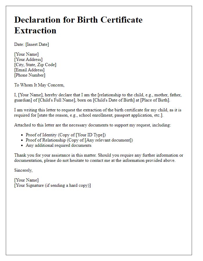 Letter template of declaration for birth certificate extraction