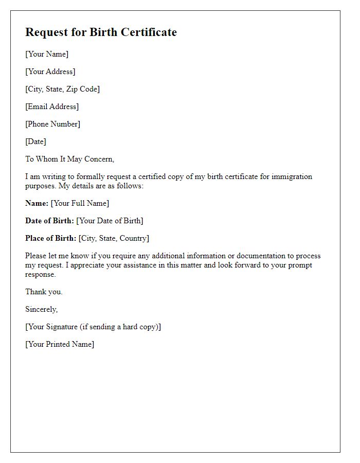 Letter template of request for birth certificate for immigration purposes