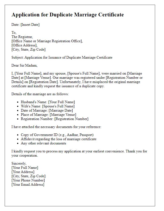 Letter template of application for duplicate marriage certificate