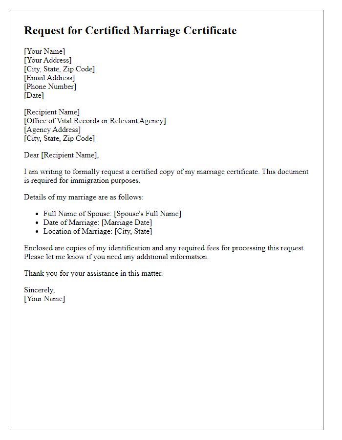 Letter template of request for certified marriage certificate for immigration