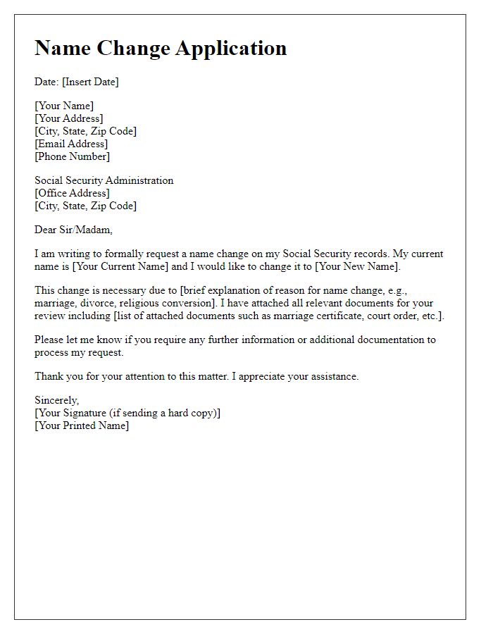 Letter template of formal name change application for social security.