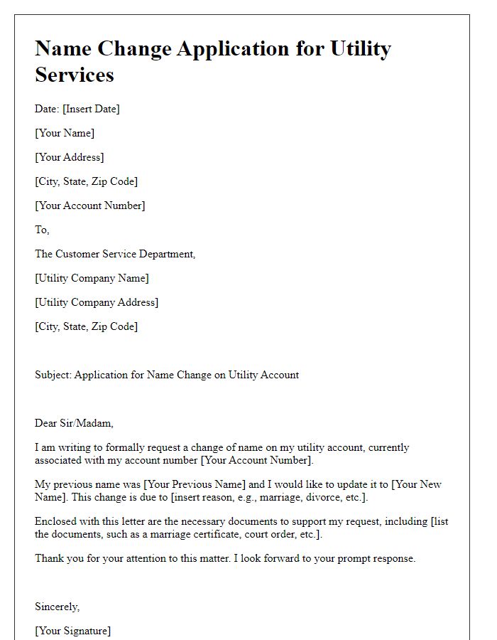 Letter template of name change application for utility services.