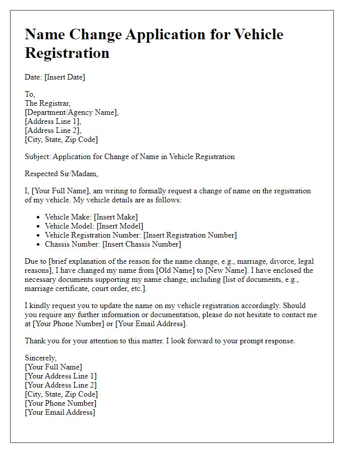 Letter template of name change application for vehicle registration.