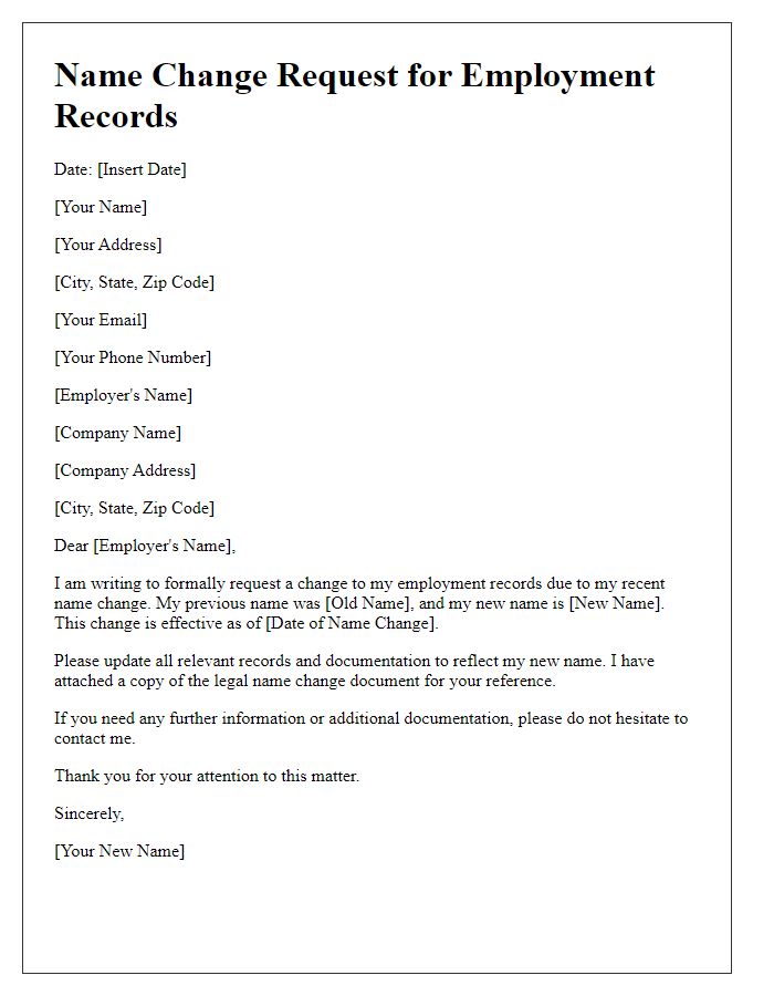 Letter template of name change request for employment records.