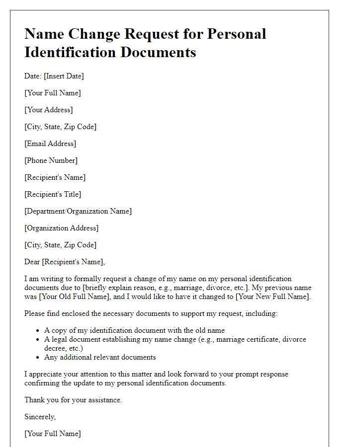 Letter template of official name change request for personal identification documents.