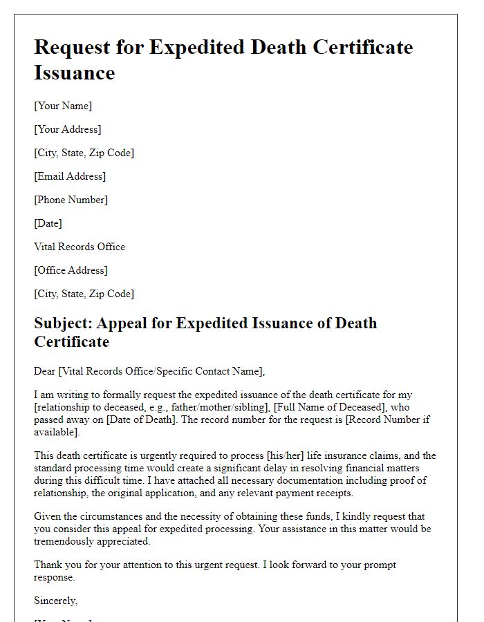 Letter template of appeal for expedited death certificate issuance for insurance claims.