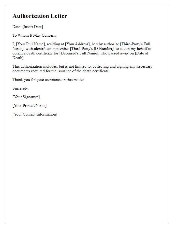 Letter template of authorization for third-party to obtain a death certificate.