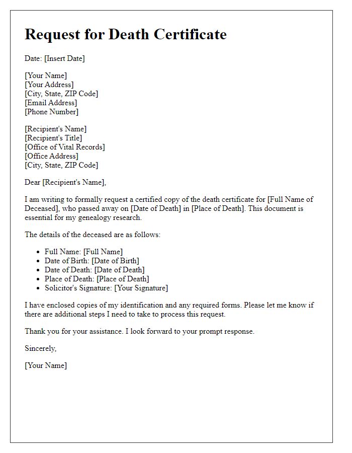 Letter template of petition for death certificate for genealogy research.