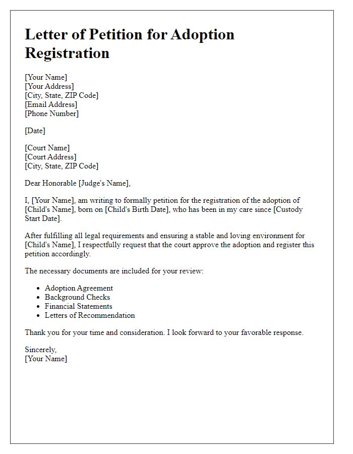 Letter template of petition for adoption registration.