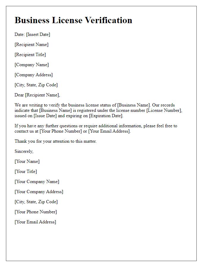 Letter template of Business License Verification