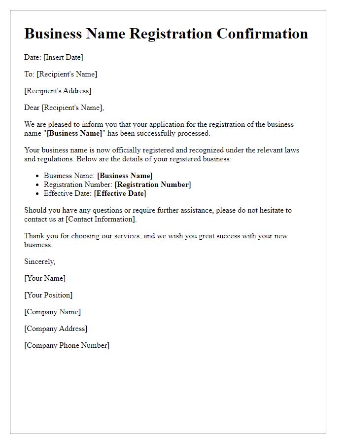 Letter template of Business Name Registration Confirmation