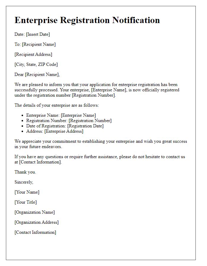 Letter template of Enterprise Registration Notification