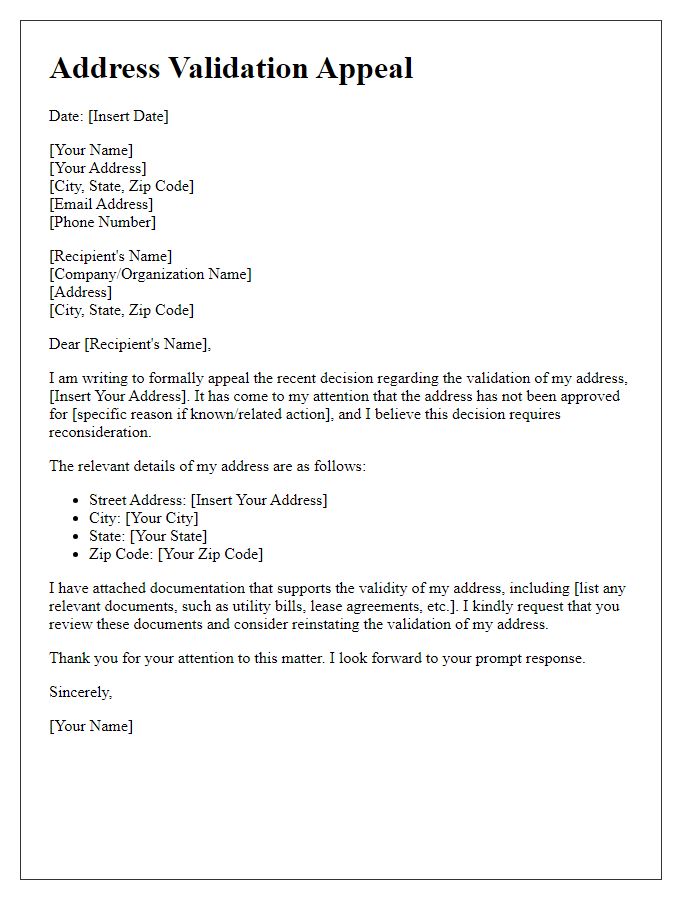 Letter template of address validation appeal