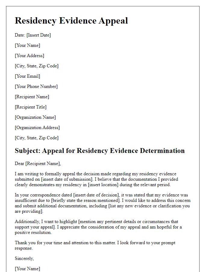 Letter template of residency evidence appeal