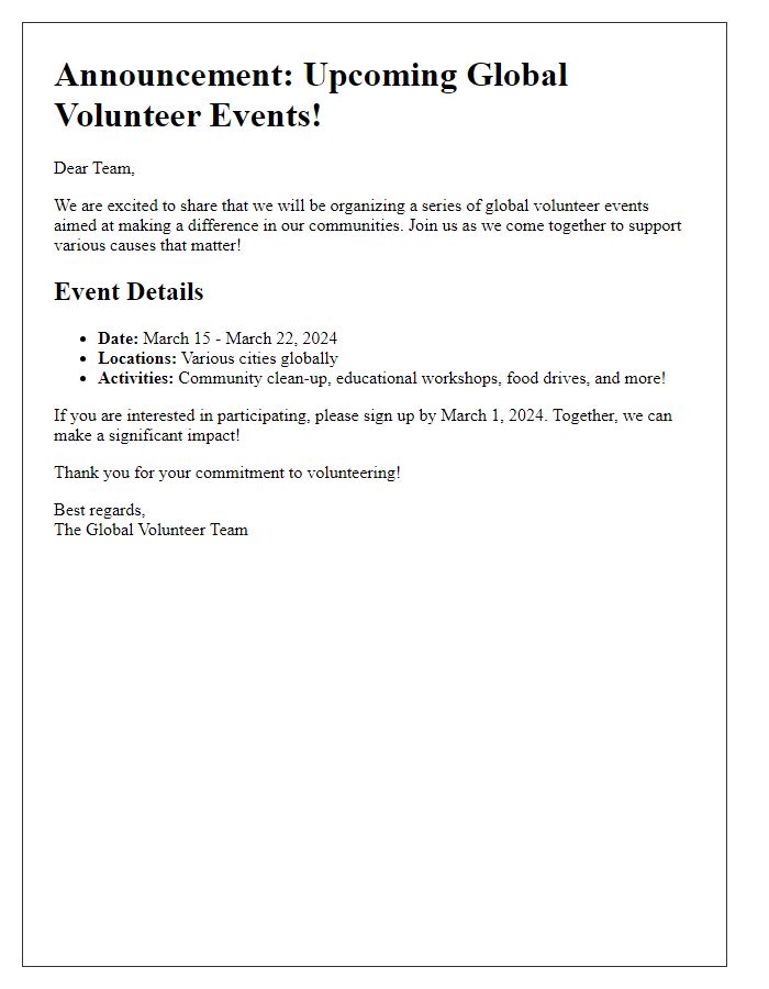 Letter template of announcement for global volunteer events