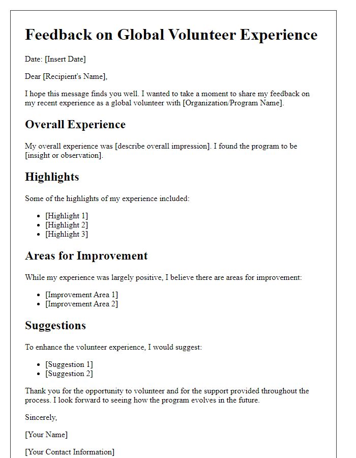 Letter template of feedback for global volunteer experiences