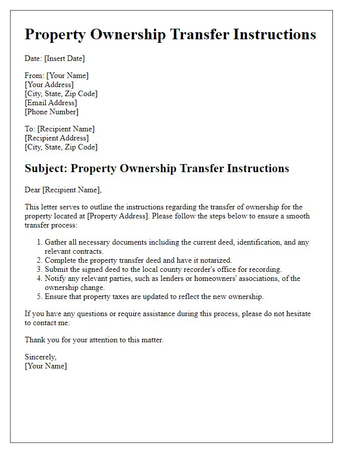 Letter template of property ownership transfer instructions