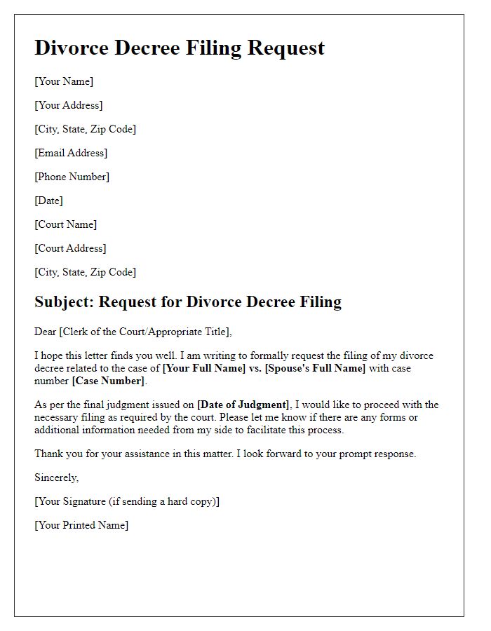 Letter template of Divorce Decree Filing Request