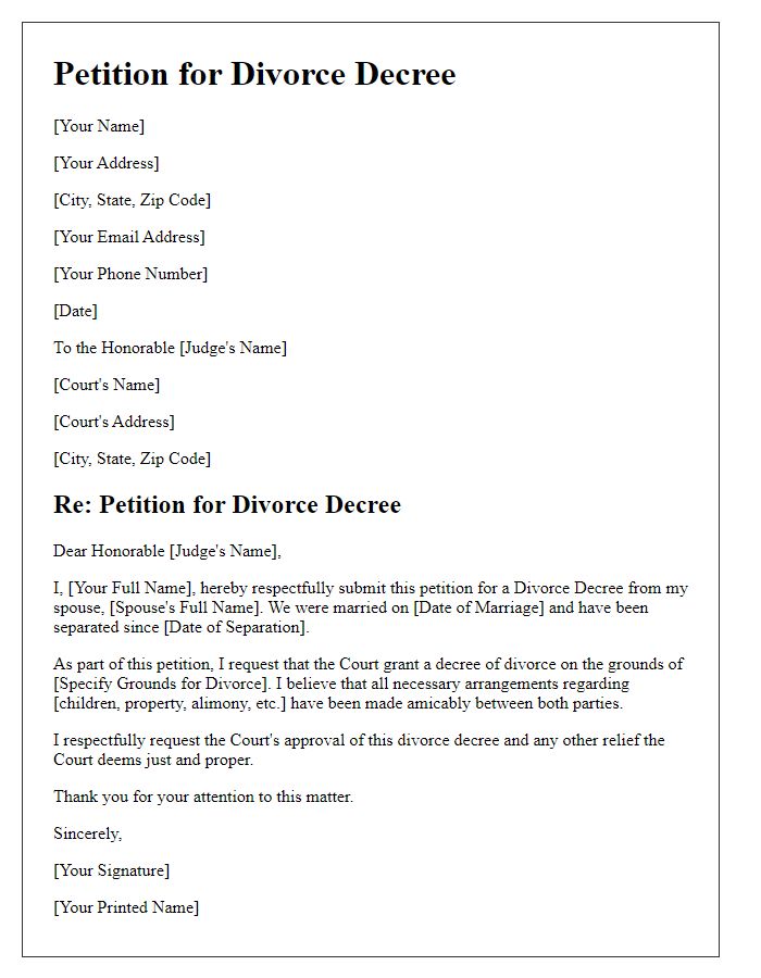 Letter template of Petition for Divorce Decree