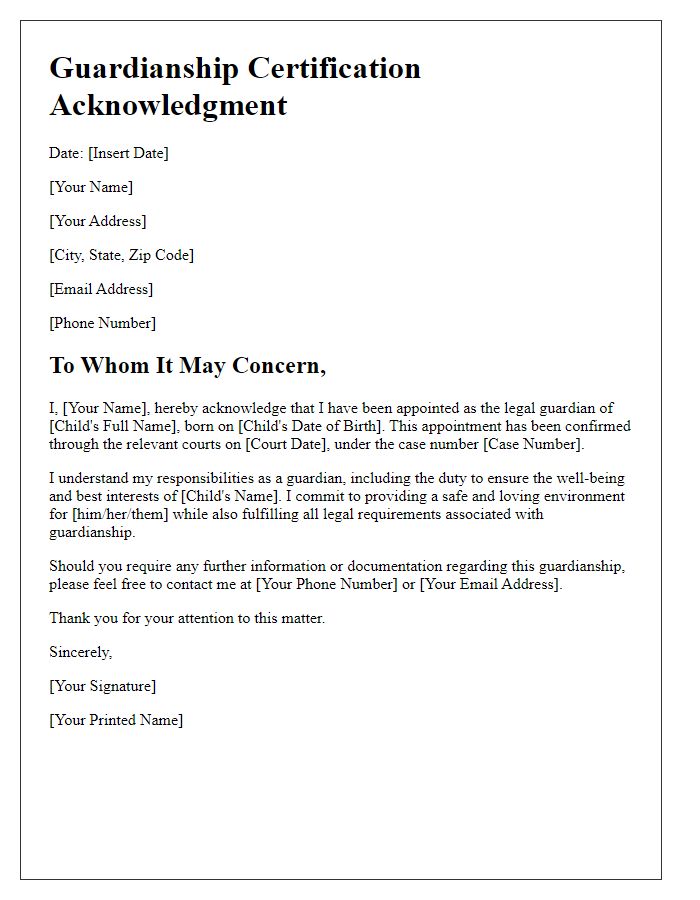 Letter template of guardianship certification acknowledgment