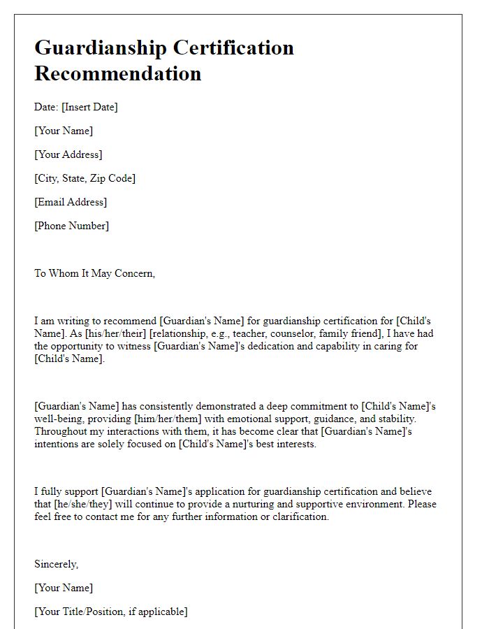 Letter template of guardianship certification recommendation