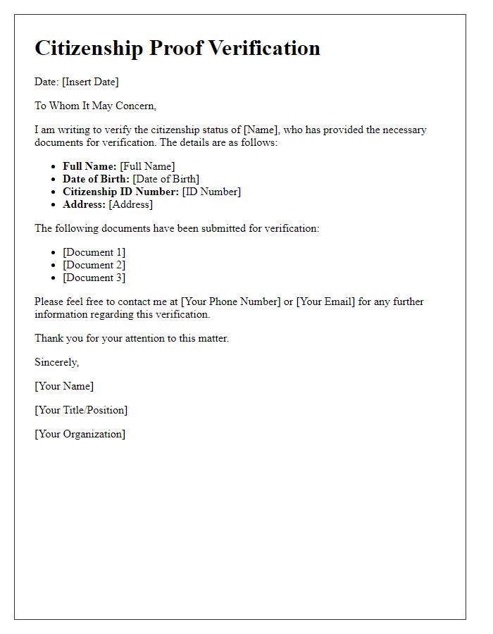 Letter template of citizenship proof verification