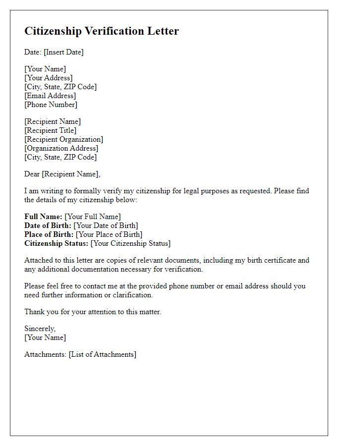 Letter template of citizenship verification for legal purposes