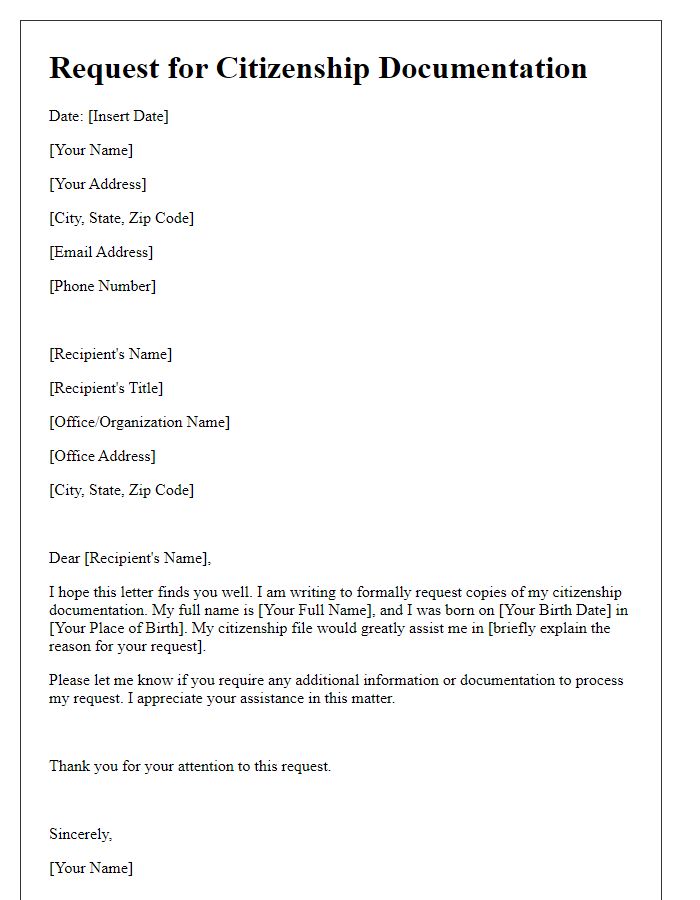 Letter template of request for citizenship documentation