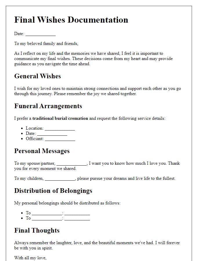 Letter template of final wishes documentation