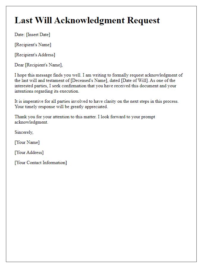 Letter template of last will acknowledgment request