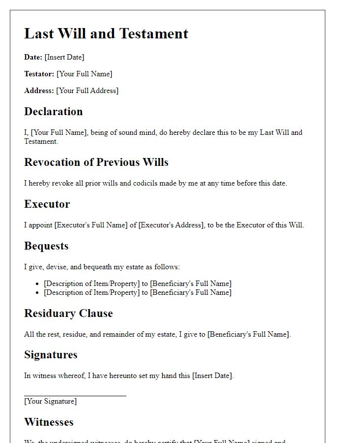 Letter template of last will declaration